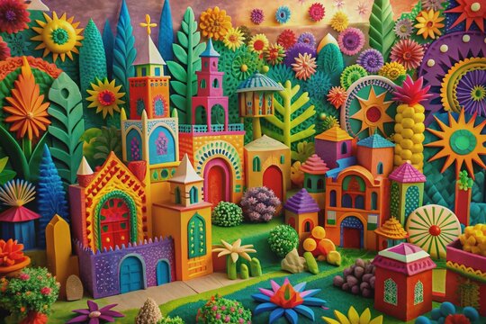 Vibrant colorful textured paper landscape with intricate patterns and shapes, symbolic of Hispanic heritage, celebrates rich cultural history and traditions during special month.