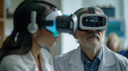 Realistic photograph of patient wearing VR headset for vision therapy, ophthalmologist guiding the therapy.