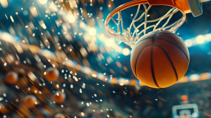 Blurred thrown ball that goes into a basket during a basketball match in the arena.