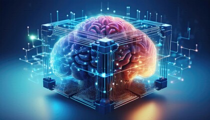 Fototapeta premium AI background, Brain images, An artificial brain is locked inside a hologram cube, technology background