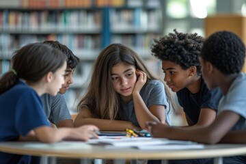 diverse group of middle school students gathered around a table in a library, collaborating on a project, minimal style with copy space, back to school. education concept. 