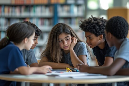 diverse group of middle school students gathered around a table in a library, collaborating on a project, minimal style with copy space, back to school. education concept. 