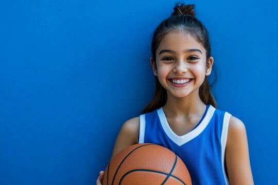 diverse Hispanic middle school girl  wearing a sports jersey, holding a basketball ball, and smiling confidently, minimal blue indigo wall  with copy space left