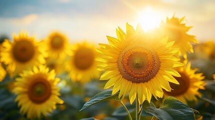 Obraz premium Golden Sunset Over Blooming Sunflower Field