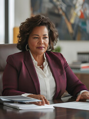 Senior african american businesswoman wearing burgundy suit white blouse posing in classic boardroom office sitting at her desk