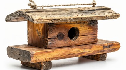 A rustic wooden bird feeder, beautifully crafted, isolated on a white background, ideal for product advertisements with ample copy text space