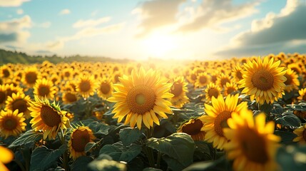 Fototapeta premium Golden Sunset Over Blooming Sunflower Field