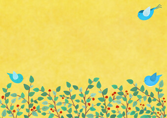 青い鳥と葉っぱの背景イラスト