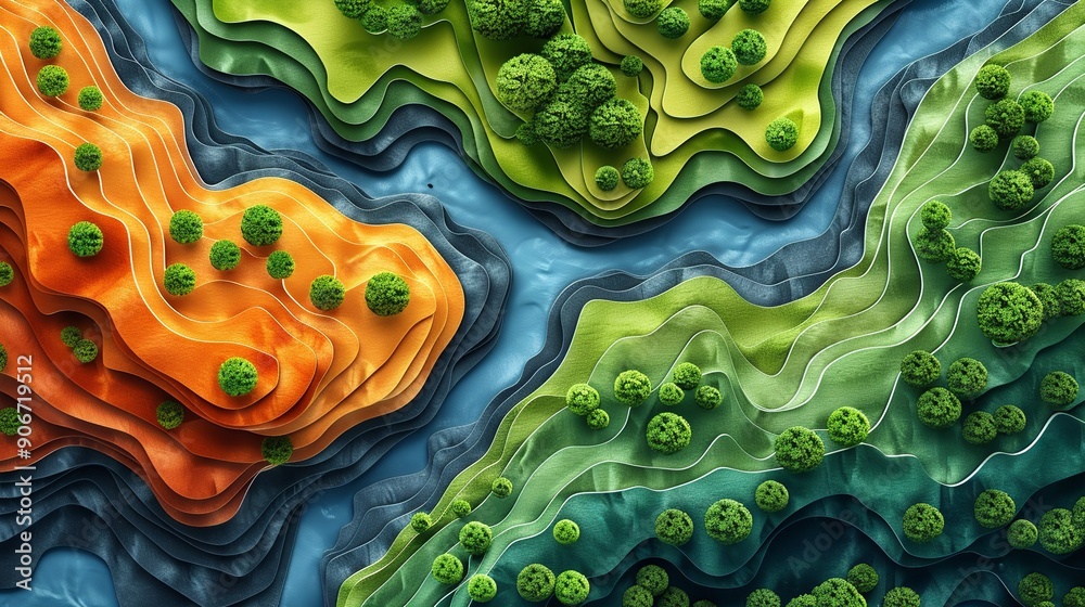 Poster Creative aerial abstract background featuring colorful natural landscapes and bodies of water in green, orange, and blue perfect for diverse creative needs. high resolution Illustration, in the style