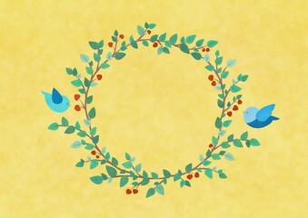 幸せを運ぶ青い鳥とリースのイラスト
