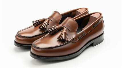 Fototapeta premium A stylish pair of loafers with tassels, sleek and elegant, isolated on a white background with ample space for copy text or branding