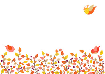 秋のカラフルな木の葉と小鳥のイラスト