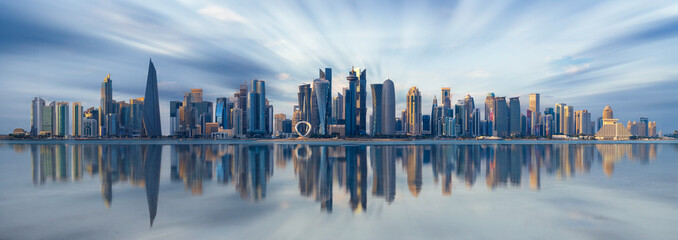 The Panoramic skyline of Doha, Qatar during sunrise
