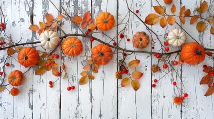 Thanksgiving day concept.Autumn maple leaves with Pumpkin and red berries on old wooden background.