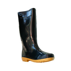 Side view of one side of black gumboots or rubber boots isolated in png file format