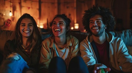 Fototapeta premium Three people are sitting on a couch, laughing and smiling