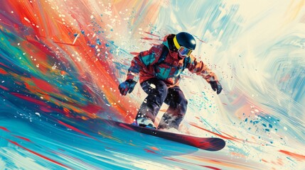 Snowboarder in full gear carves through a bright and colorful winter landscape, showcasing dynamic action and impressive speed