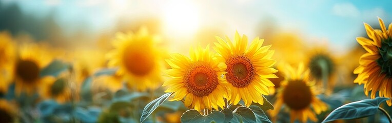 Obraz premium Golden Sunset Over Blooming Sunflower Field