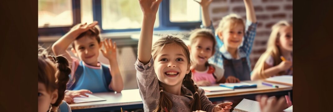 Children smiling and stretching their hands up in a school classroom