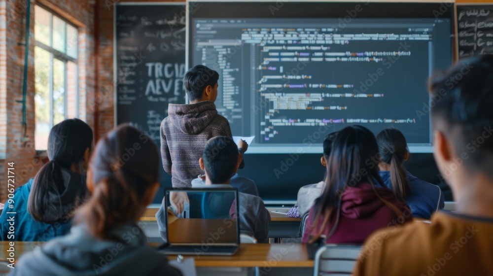 Poster a teacher is standing in front of a blackboard with the word 