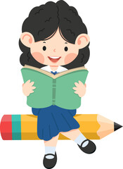girl student is sitting on Pencil back to school