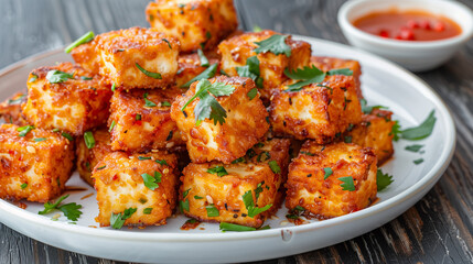 Fototapeta premium crispy fried tofu on a white plate