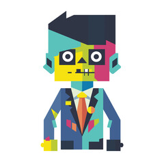 Colorful geometric zombie character dressed business suit, orange tie. Bright colorful design cartoon style, isolated white background. Abstract quirky undead digital artwork, vector illustration