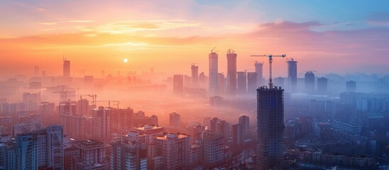 Fototapeta premium Stunning Urban Skyline at Sunrise with Skyscrapers and Construction Cranes in a Misty Morning
