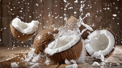 A still life of coconuts on a rustic wooden table, with coconut water splashing out of a cracked shell, emphasizing freshness