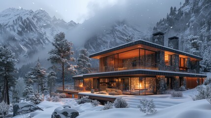 A modern alpine cabin nestled in a snowy mountain valley with a blazing fireplace.