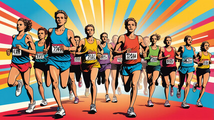 Illustration of a group of people running a marathon created in vector style