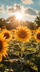 Obraz premium Golden Sunset Over Blooming Sunflower Field