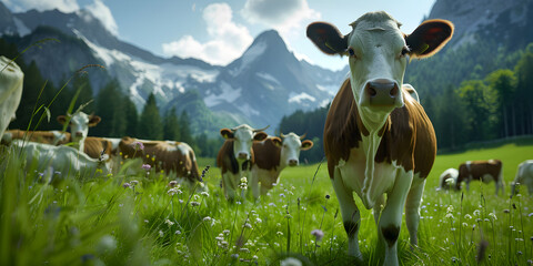 Cow in the of alpine meadows 