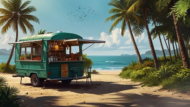 camper van with shop interior on the beach, summer. Seamless looping 4k video animation