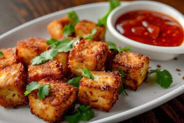 crispy fried tofu on a white plate
