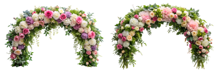 Set of floral arches with flowers, branches, and leaves on a white background. A concept of beauty, decoration, and celebration.