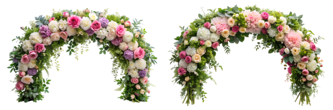 Set of floral arches with flowers, branches, and leaves on a white background. A concept of beauty, decoration, and celebration.