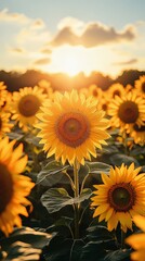 Golden Sunset Over Blooming Sunflower Field