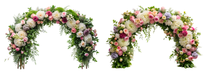 Set of floral arches with flowers, branches, and leaves on a white background. A concept of beauty, decoration, and celebration.