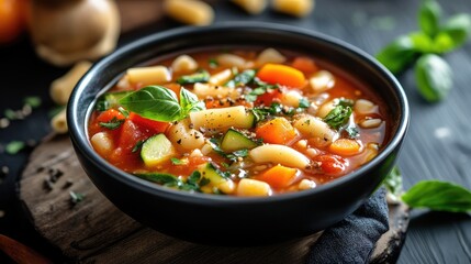 Hearty bowl of minestrone soup with fresh vegetables and pasta.