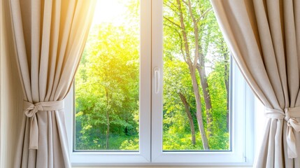 A vibrant green plant hangs beside a bright window adorned with curtains, casting natural light into a cozy indoor space