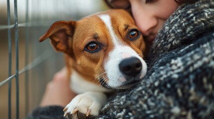 A touching moment of a person cuddling a rescued dog at an animal shelter, symbolizing the support given to dogs in need. The image can be used to promote donating money, supplies, or time to animal