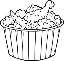 Hand Drawn Vector Cartoon Bucket Of Fried Chicken Line Art