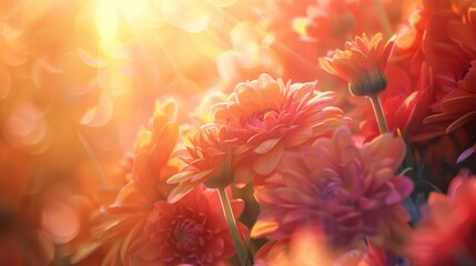Sunlit orange flowers with warm bokeh lighting creating a vibrant atmosphere