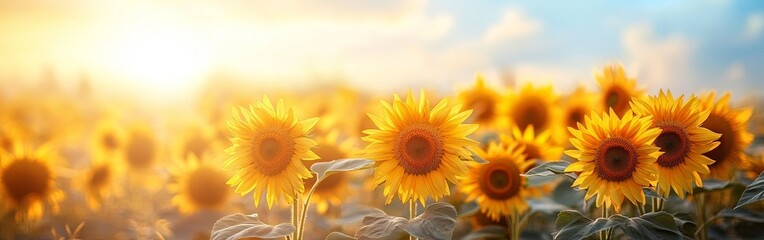 Obraz premium Golden Sunset Over Blooming Sunflower Field