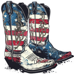 Two cowboy boots with American flag designs on them. The boots are worn by a cowboy and are decorated with stars and stripes
