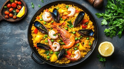 Traditional Spanish paella with saffron rice, seafood, and colorful vegetables.