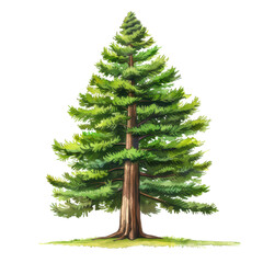 A large green tree with a thick trunk and many branches. The tree is the main focus of the image and it is a tall evergreen. The tree is surrounded by a white background