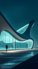 futuristic building with wavy design, night scene, illuminated windows, modern architecture, person...