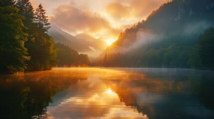Stunning Sunrise Over Serene Mountain Lake with Mist and Sun Rays in a Tranquil Forest Landscape